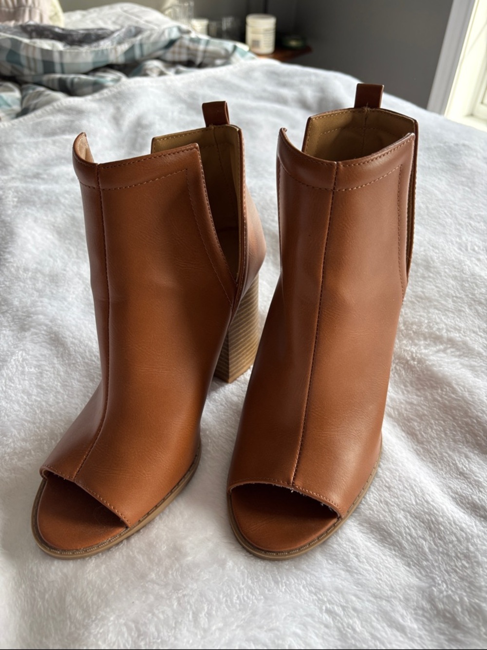 Pink Lily Tan Open-Toe Ankle Booties with Stacked Heel